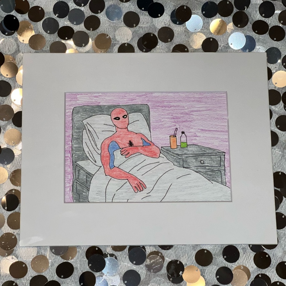 Colored Pencil ink SpiderMan recover in bed comic Art matted pop superhero